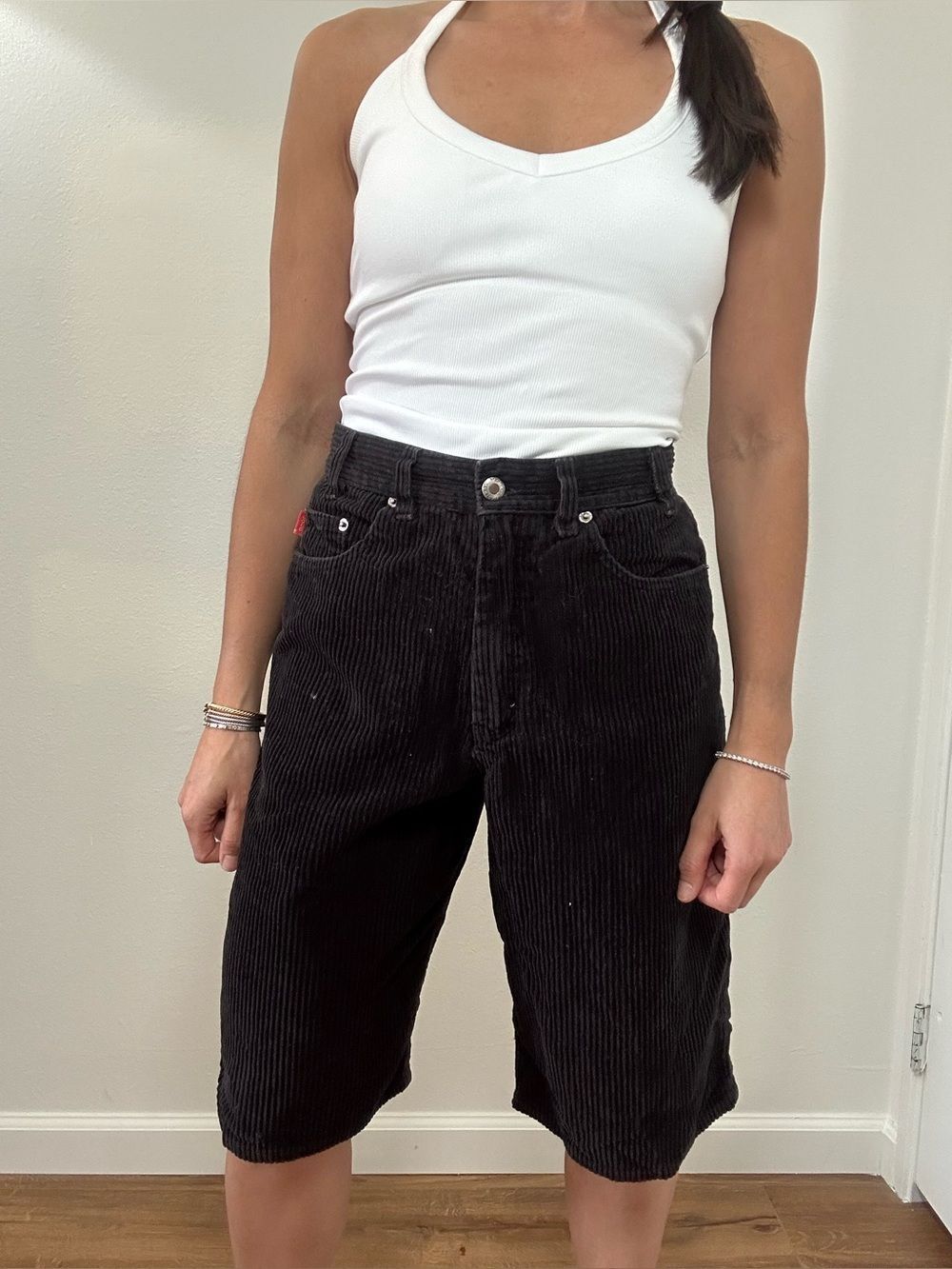 Vintage 90's Bugle Boy Gold Crest Black Long Shorts Corduroy High Waist Size S